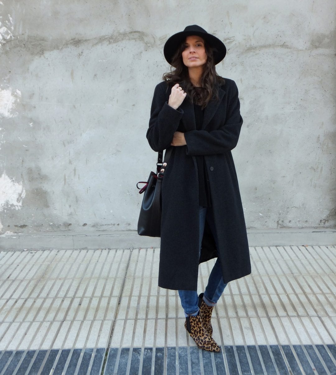 long grey coat - leopard booties - fedora hat - fashion blogger outfit 